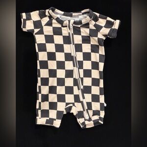 Forever French Shortie Bamboo Zip Romper in Black and Tan Checker Size NB